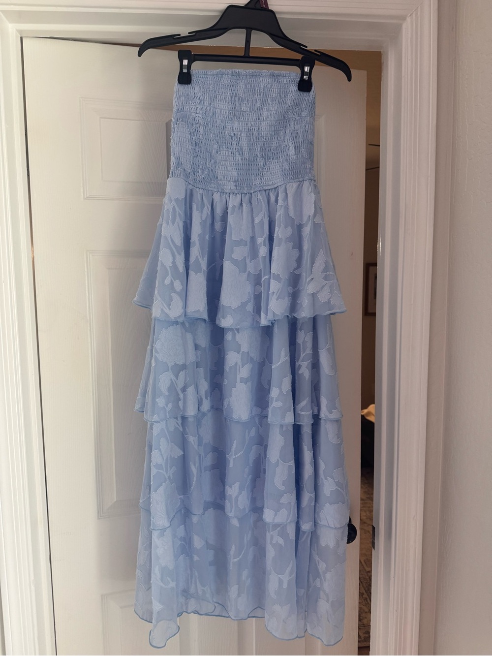 Simple Blue Strapless Midi Dress with Floral Overlay